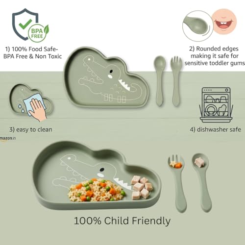 Image of TIGGY & BONNET Crocodile 2 Pcs Silicone Baby Feeding Set for Baby Bpa-Free | Microwave Safe, Anti-Slip Base | Tableware Kit for Babies & Toddlers with Suction Plate & Spoon