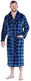 PajamaMania Men's Plush Long Sleeve Fleece Long Bathrobe, Blue and Black Plaid, 2X
