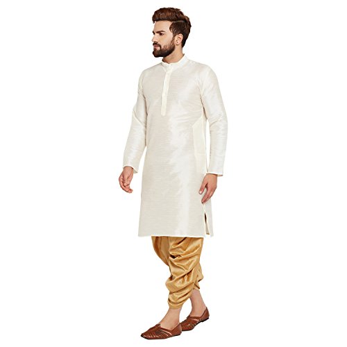 Image of SOJANYA (Since 1958 Men's Off-White and Gold Dupion Silk Dhoti Kurta Set