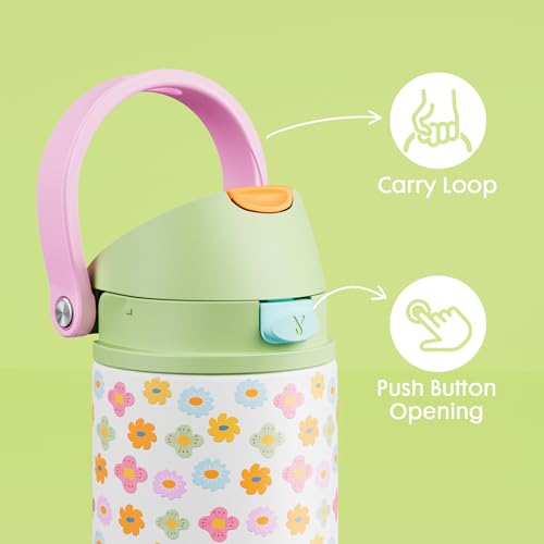 Image of Meoky 2 Pack 18 oz Insulated Stainless Steel Water Bottles for Kids Girls | 2-in-1 Straw and Spout Lid, Leak Proof, Fits in Car Cup Holder, BPA-Free for School Backpacks, Pink Bows & Rainbow Blooms