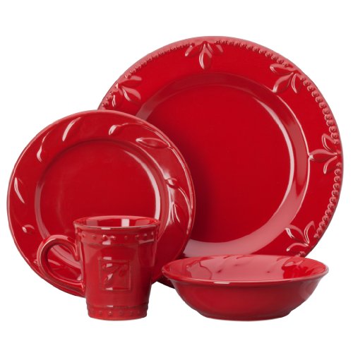 Signature Housewares Sorrento Collection Stoneware 4-Piece Dinnerware Set, Ruby Antiqued Finish