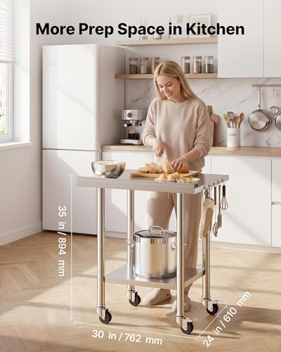 Image of VEVOR Stainless Steel Work Table, 24x30 inch Food Prep Table with Wheels and Backsplash, Commercial Kitchen Workstation with Adjustable Undershelf, Metal Utility Worktable, for Restaurant Home Outdoor