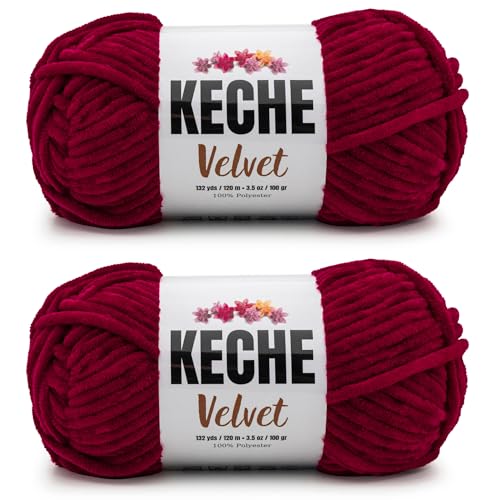 Image of Keche Velvet Yarn for Crocheting, Soft Chenille Bulky Baby Blanket Amigurumi Yarn 2x100 gr (2x132 yds) (2 Skeins) Red