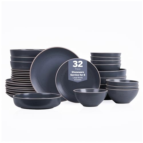 Image of Stone Lain Lauren Stoneware, Rustic Plates and Bowls Set, Dinnerware, Service for 8, Speckled Charcoal, Dishwasher & Microwave Safe, 32-Piece