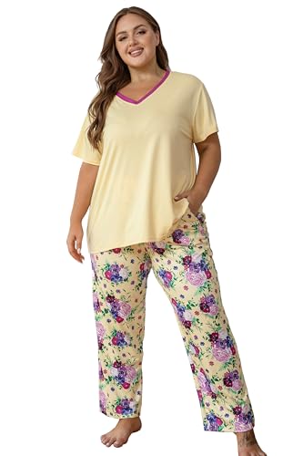Image of Vozanet Women's Pajama Sets Short Sleeve with Long Pant Soft Sleepwear Printed pj Loungewear With TWO Pockets Size 1X to 5X