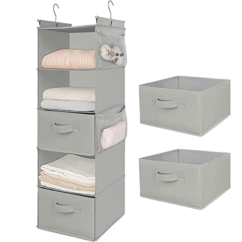 MAX Houser 5 Tier Shelf Hanging Closet Organizer, Cloth Hanging Shelf with 2 Sturdy Hooks for Storage, Foldable (Light Grey-D2)
