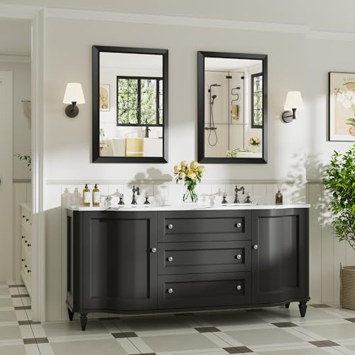 Image of Briivue 2-Pack 24x36 Inch Black Bathroom Mirror for Wall, Thick Metal Framed Rectangle Mirrors for Over Sink, Bedroom, Living Room, Entryway, Anti-Rust, HD Tempered Glass