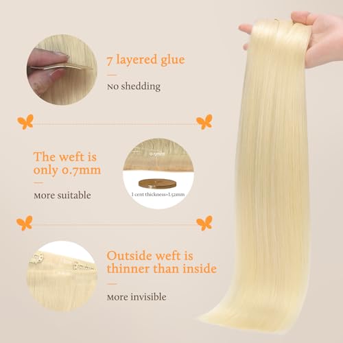 Image of DOORES Real Human Hair Extensions, Bleach Blonde 130g 9pcs 14 Inch Seamless Clip-ins, Remy Invisi Edge Thick Straight Hair