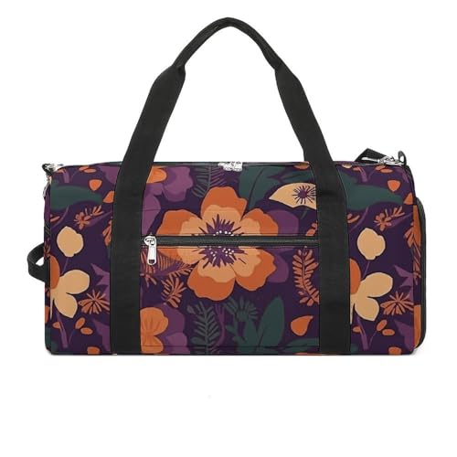 Gym Bag for Men Women Travel Duffle Bag Flowers on Purple Background Carry On Weekender Bag with Shoe Compartment