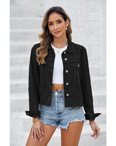Image of luvamia Denim Jacket for Women Distressed Jean Jackets Button Up Vintage Western Trucker Jacket Frayed Hem Pockets
