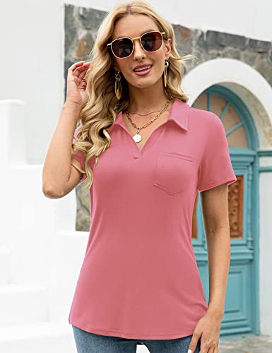 Womens V Neck Polo Shirts Short Sleeve Collared Tops Loose Casual Tunic Blouses With Pocket Coral M #TOP1