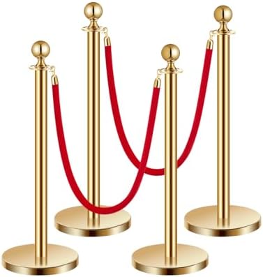 VEVOR Stanchion Post, 4 Pcs Crowd Control Barrier Set with 2 Red Velvet Ropes, 5 ft Stainless Steel Gold Stanchion Post Queue with Sand Injection Hollow Base for Theater, Party, Wedding, Exhibition