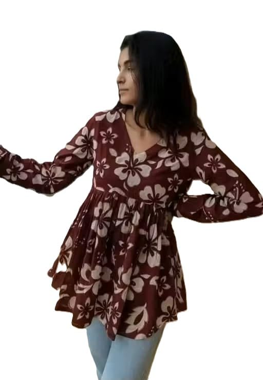 Women's Floral Print Peplum Top, Maroon, Long Sleeve, V-Neck, Casual Wear-picture-25