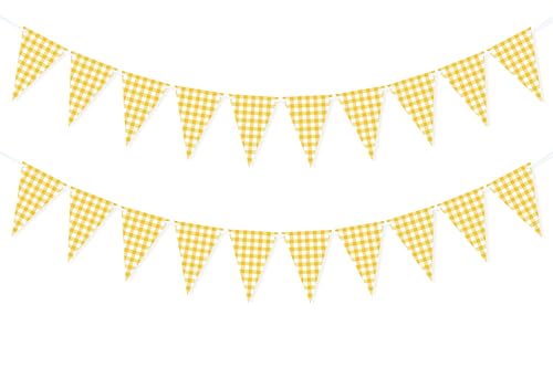 Image of VILIFEVER Yellow Gingham Banner for Picnic, BBQ Party Decorations | Yellow and White Checkered Garland Bunting Flags, Lemon Decorations, Yellow Party Decorations for Birthday, Baby Shower