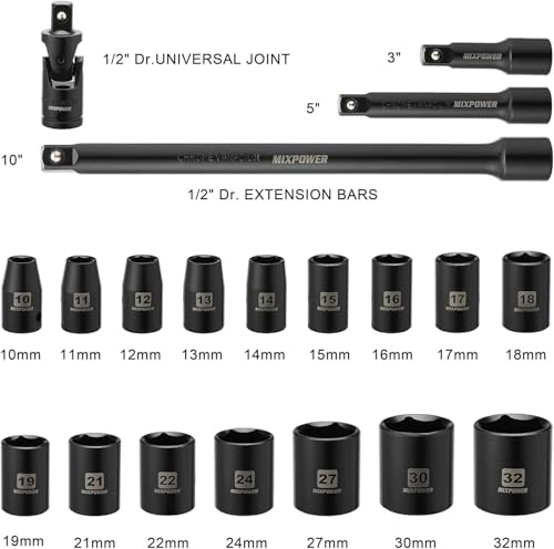 Image of MIXPOWER 1 /2-Inch Drive Shallow Impact Socket Set Metric Size 10mm-32mm CR-V 6-Point Mechanic and Repair Project 20-Piece 1 /2 inch Shallow Sockets Set with Extension Bar and Universal Joints