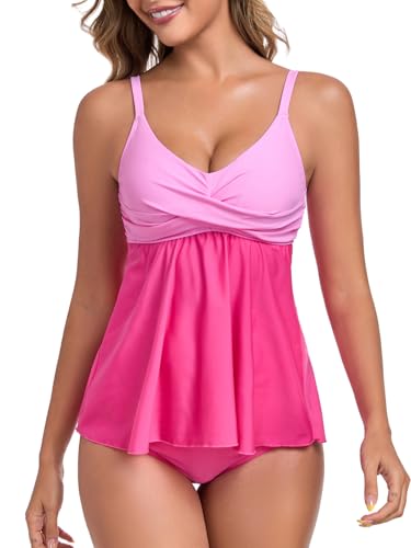 RELLECIGA Women's Tummy Control Tankini Set Swimsuits V Neck Two Piece Bathing Suits Full Coverage Swim Tank with Molded Cups2