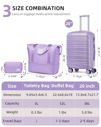 Image of LARVENDER Carry on Luggage 22x14x9 Airline Approved, 20 Inch Hardside Suitcase with Wheels TSA Lock, PC+ABS Lightweight Travel Luggage Sets for Women, Glossy Lavender, 3 Piece Set