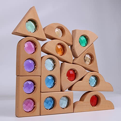 Image of 12PCS Acrylic Gem Fairytale Windows Blocks,Translucent Cubes Stacking Toys, Sparkling Acrylic Toy Wooden Stacking Blocks,Open Ended Play Montessori Educational Wooden Toys