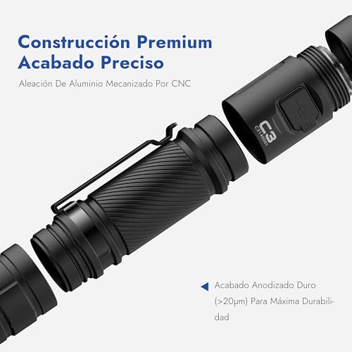 Miniatura 5 de Wuben C3 Linternas Led Alta Potencia 1200 Lúmenes, Linterna Led Recargable Usb Táctica Militar Potente, Linterna Led Pequeña A Pilas, Ipx68 Impermeable 6 Modos Portátil Flashlight Emergencia Camping