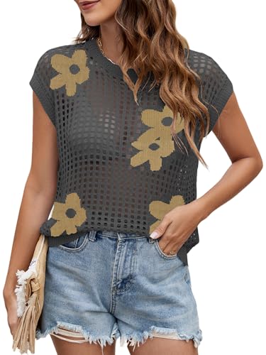 Image of Womens Summer Crochet Tops Hollow Out Cap Sleeve Cover Up Tank Top Pullover Sweater Vest Beach Vacation Clothes