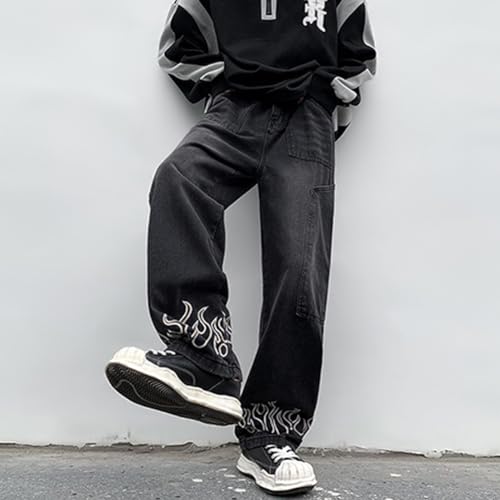 XYGJZ Y2k Baggy Denim Jeans for Men Flame Print Straight Leg Hip Pop Denim Pants Streetwear3