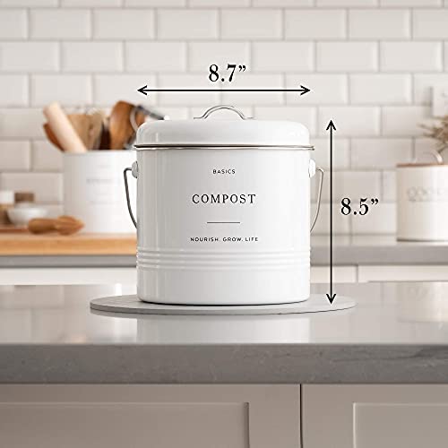 D’lifeful Farmhouse Compost Bin For Kitchen Indoor – 1.3 Gallon Carbon Steel Countertop Compost Bin – Sealed With Airtight Lid - Compost Pail Or Compost Bucket With 6 Charcoal Filters – Stylish, White #TOP1