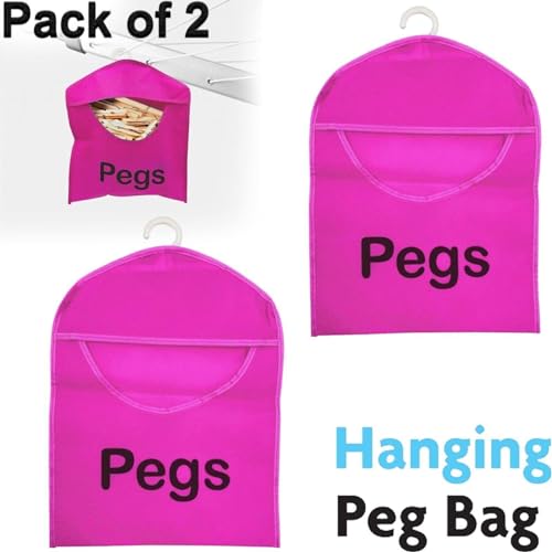 Buystarget Pack of 2 Peg Bag for Washing Line with Hanger Waterproof Non Woven Fabric Peg Bag with Durable PVC Hanging Hook Pink - Image 2