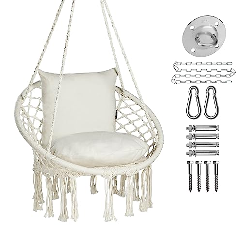 JoyView Macrame Chair Hanging Swing Chair Max 330 Lbs Hammock Chair with 2 Cushions and Hardware Kits Cotton Rope Chair for Indoor Outdoor Bedroom Patio Garden - Beige