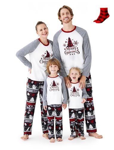 PATPAT Weihnachtspyjama Familie Set - Christmas Pyjama, Matching Pyjamas Couple, Partner Pyjama, Weihnachtsoutfit Familie, Pyjama Set für Vater Mutter Kinder Kids Baby mit Socken