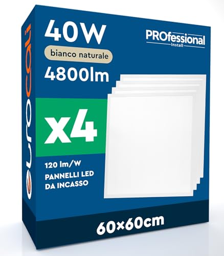 4 Pannelli LED Quadrati 60x60 40W da Incasso con Driver Philips 4800 lumen - Luce Bianca Naturale 4000K - Alta Luminosità Plafoniera Ufficio 120 lm/W Lampada da Soffitto per Controsoffitti Modulari