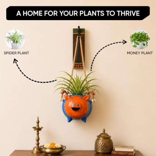 Image of AAKRITI ART CREATIONS Wall Hanging Planter with Hook | Blue Pig Design, Modern Art, Matte Finish | Metal, Terracotta & Wood | Decorative Hanging Pot for Indoor & Outdoor Home Decor