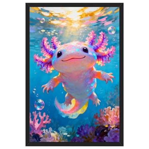 Framed Colorful Axolotl Underwater Poster Canvas Print Art Modern Whimsical Wall Art Painting Pictures Wall Decor for Living Room Bedroom Home Decor Ocean Scene (Black framed,8L X12W)