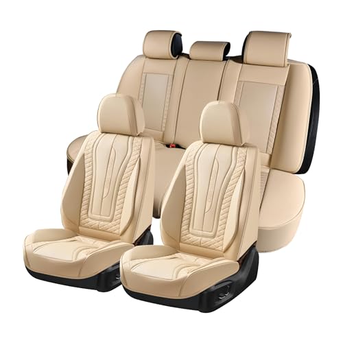 Image of Coverado Car Seat Covers Full Set, Leather Seat Covers Waterproof Car Seat Protectors, Front and Back Seat Covers Automotive Seat Cuhsion Universal Fit for Most Vehicles Beige