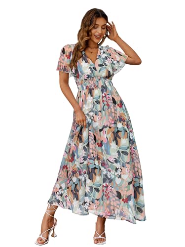 Image of Simplee Women's Boho Floral Maxi Dress Flowy Casual V Neck Short Sleeve Wedding Guest Holiday Beach Long Dress