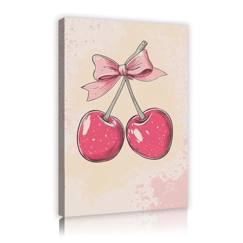 Art mural minimaliste cerises et nœud délicat toile 30x45cm
