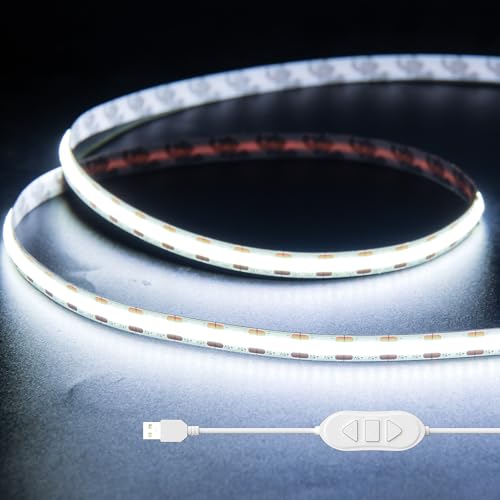 OULARA USB 5V COB LED Strip 1M, Daylight White 6000K Dimmable USB Powered Lights Density COB Tape Flexible Cuttable LED Strip for TV Backlight, 3D Printer, RV, Sewing Machine, Bedroom, Mirror