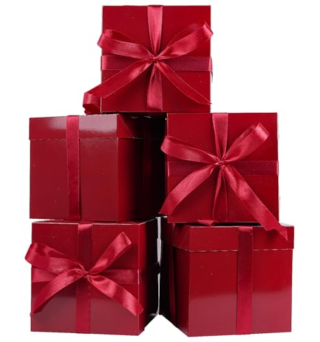 Jaywayang 5 Pack Red Gift Boxes with Lids, Ribbons and Tissue Papers Square Gift Boxes - 7.1 Inch - Christmas Presents Wrapping, Valentine's Day Decoration Party Favor Boxes.