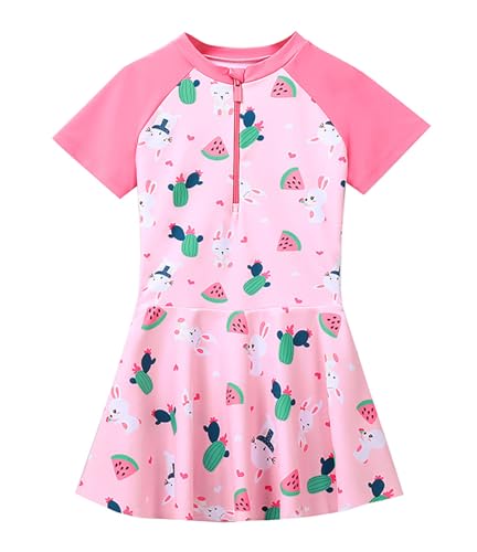 Image of Girls Swimsuit Girls One Piece Skirted Swimsuit Short Sleeve Floral Rash Guard Bathing Suit Swim Dress Swimwear