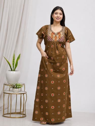 Image of Women's Pure Cotton Maxi Nighty, Jaipuri Embroidery Print, Short Sleeve Night Gown with Pocket