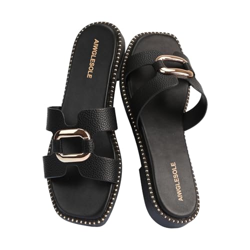 Women's Flat Sandals with Metal Chain Studs-Summer 2025 Comfortable Casual Dressy Slides