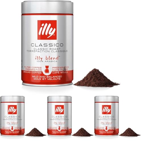 illy, Café Moulu Filtre CLASSICO, 100% Arabica avec des Notes de Caramel, Fleur d'Oranger et Jasmin, Goût Doux et Arrière-goût Sucré, 1 Boîte de 250g (Lot de 4)