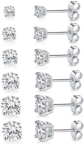 6 Pairs Women Stud Earrings, 18K White Gold Plated 4 Pong Round Clear Cubic Zirconia Stud Earring Pack of 6 Pairs