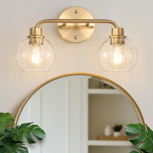 Image of Bathroom Light Fixtures Gold Vanity Light 2 Light Brushed Brass | Wall Sconces Lighting with Clear Globe Glass Shades Bath Wall Lamp for Mirror Kitchen Living Room Bedroom Hallway