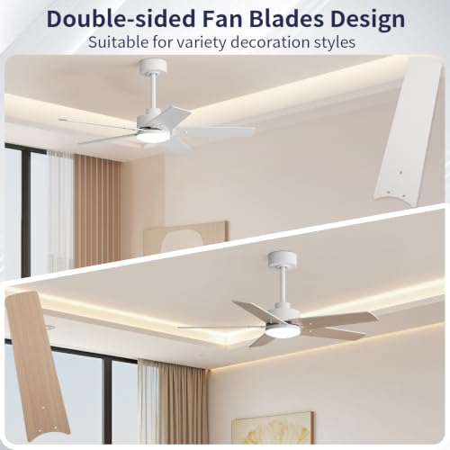 Image of 42 Inch Ceiling Fans with Lights and Remote for Bedroom Living Room Kitchen Home Office Indoor /Outdoor, 6CCT Dimmable, Dual Color 5 Blades, 6 Speed Reversible Quiet DC Motor, White /Wood Grain