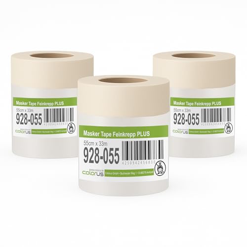 3 x Colorus Masker Tape PLUS Feinkrepp 55 cm x 33 m | Maler Abdeckfolie mit Malerkrepp Folienklebeband | Für glatte und leicht raue Untergründe | Klebeband mit Folie | Abdeckfolie mit Krepp