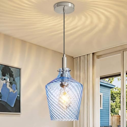 Image of Stripes Blue Glass Pendant Light for Kitchen Island Nickel 8 Inch 1 Pack