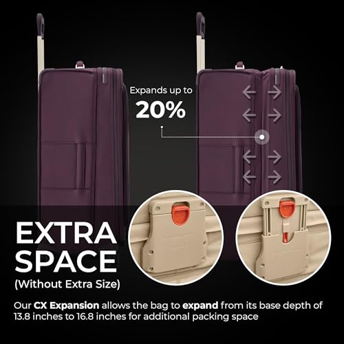Image of Briggs & Riley 31 inch Extra Large Expandable Spinner - Checked Luggage for Travel, Suitcases with Wheels, Softside Rolling Bag for Men & Women, Self-Repairing Zipper - Baseline Collection, Plum