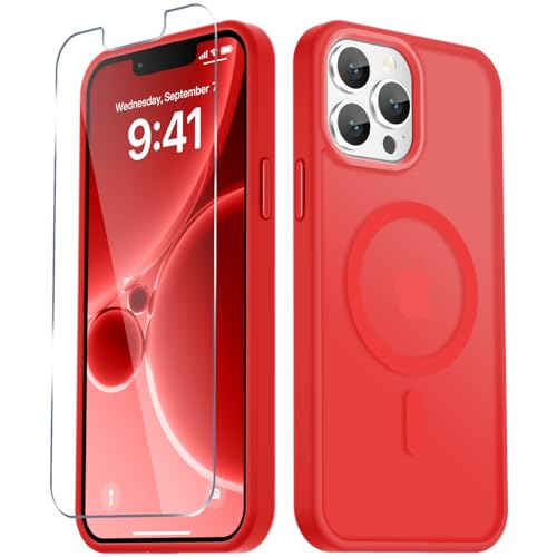 Image of YENAPOON for iPhone 13 Pro Max Case, Matte Magnetic Phone Cover [with 1 Screen Protector] [Support for MagSafe] [Shockproof Military Grade Protection] Translucent Frosted Back, Red