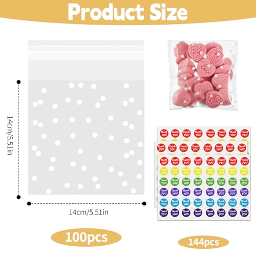 Realjoy Cellophantüten Klein Klar, 100 Stück Selbstklebend Zellophantüten mit 144 Aufklebern, Transparent Plätzchentüten mit Weiße Tupfen, Kleine Plastiktüten für Süßigkeiten Schokolade Kekse(14x14cm)