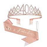 40th Birthday Decorations for Women 40th Birthday Sash & 40th Birthday Crown Kit- Happy 40th Birthday Gifts Women (Rose gold)